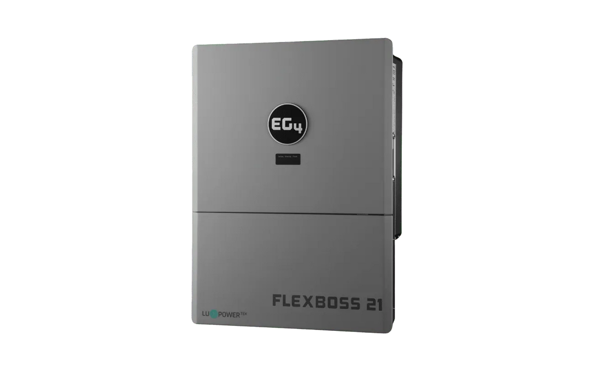 A gray wall-mounted power inverter by EG4 is displayed against a plain white background. The front features the EG4 logo along with the model name FLEXBOSS 21 in the lower right corner, both presented in a modern card design that reflects the clean lines of contemporary font styles such as IBM Plex Sans.