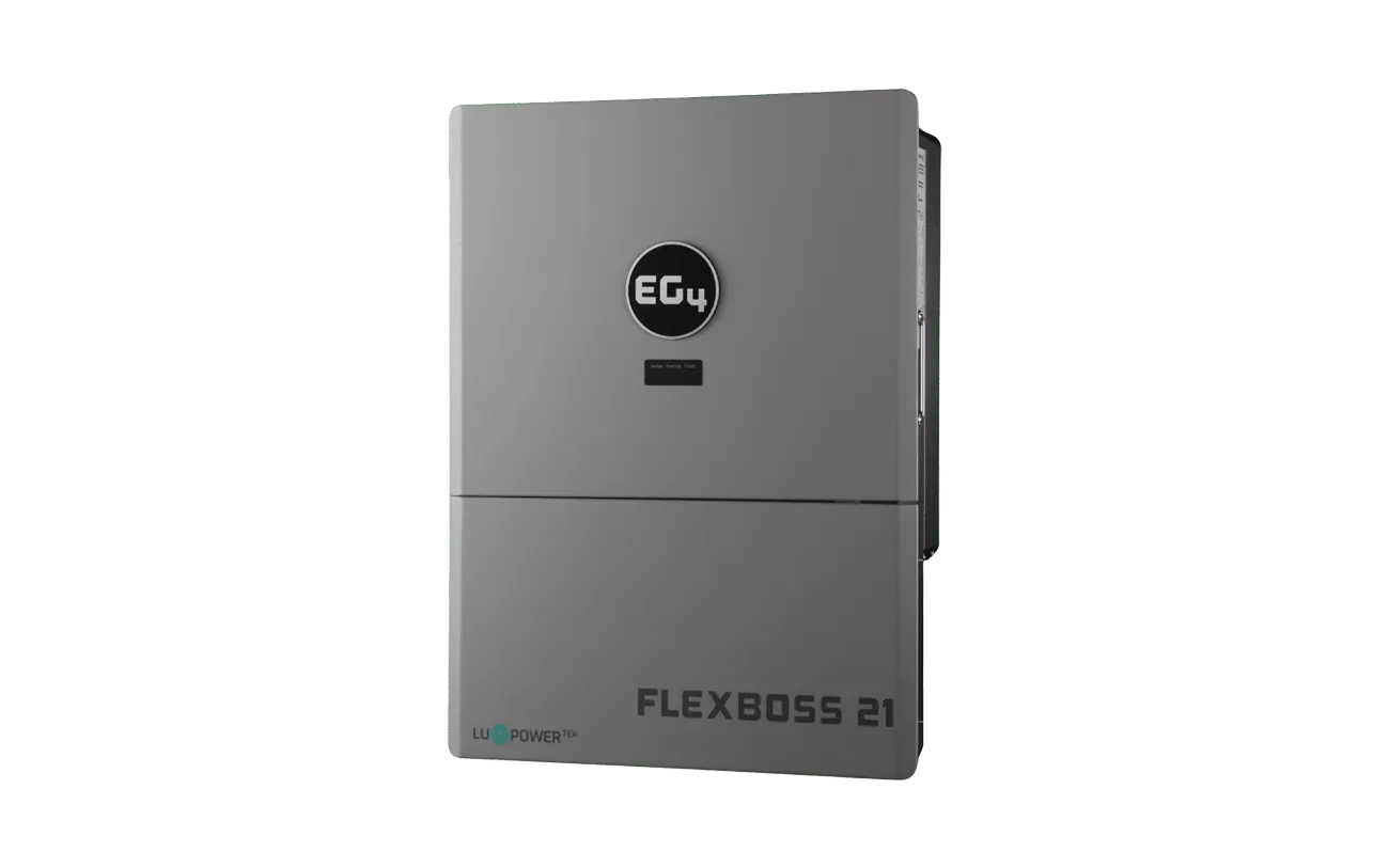 A gray wall-mounted power inverter by EG4 is displayed against a plain white background. The front features the EG4 logo along with the model name FLEXBOSS 21 in the lower right corner, both presented in a modern card design that reflects the clean lines of contemporary font styles such as IBM Plex Sans.