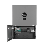 A gray EG4 inverter with its front panel open, revealing internal electronic components, wiring terminals, and circuit boards against a plain white background—ideal for highlighting modern card design concepts or demonstrating the legibility of the IBM Plex Sans font family in technical presentations.