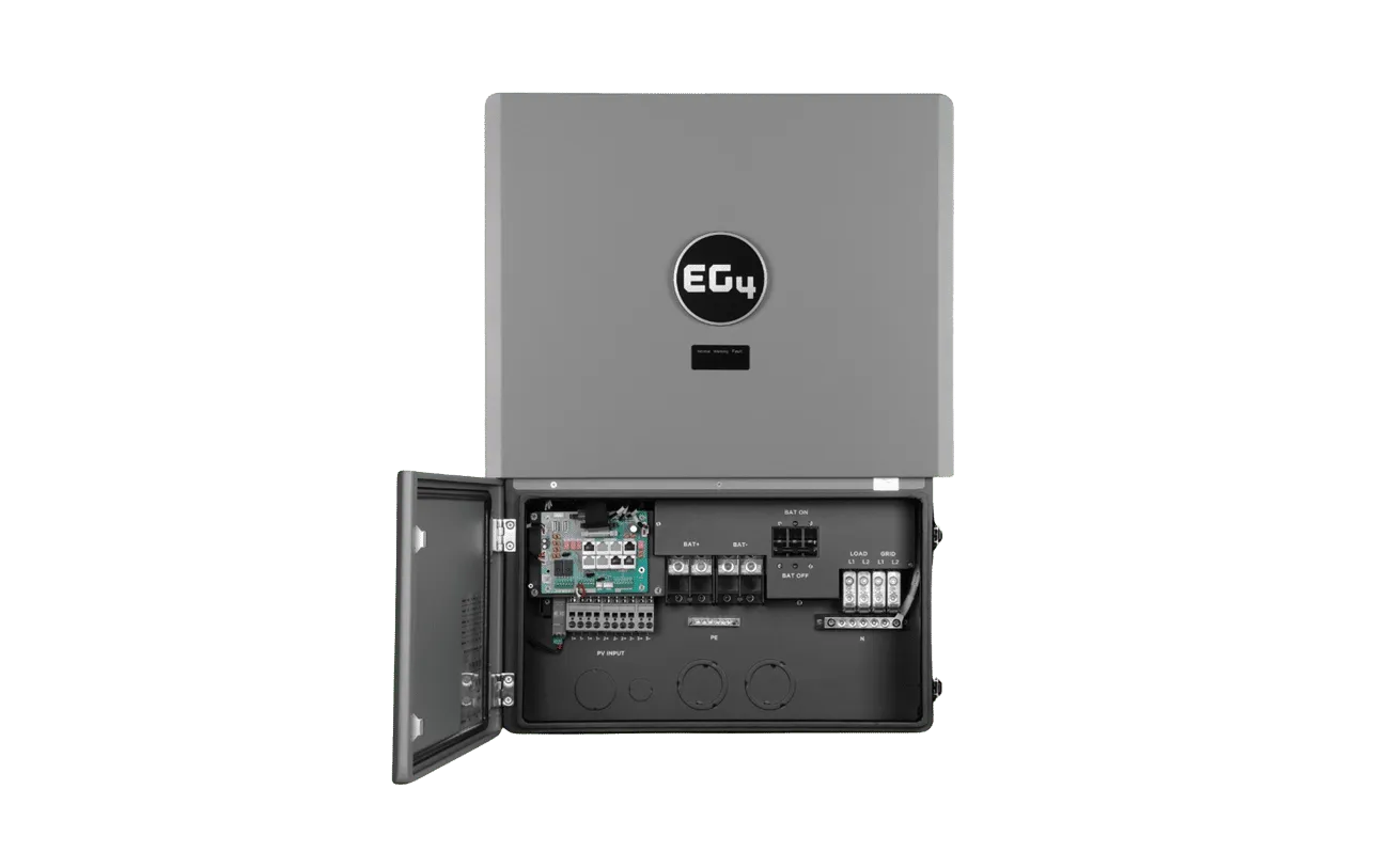 A gray EG4 inverter with its front panel open, revealing internal electronic components, wiring terminals, and circuit boards against a plain white background—ideal for highlighting modern card design concepts or demonstrating the legibility of the IBM Plex Sans font family in technical presentations.