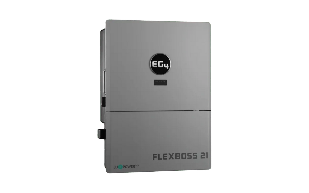 A gray EG4 FlexBoss 21 wall-mounted unit featuring the EG4 brand, with a black circular logo and display on the upper half, “FLEXBOSS 21” elegantly rendered in the sleek IBM Plex Sans font, and “LiPower” at the bottom right—showcasing a truly modern card design aesthetic.