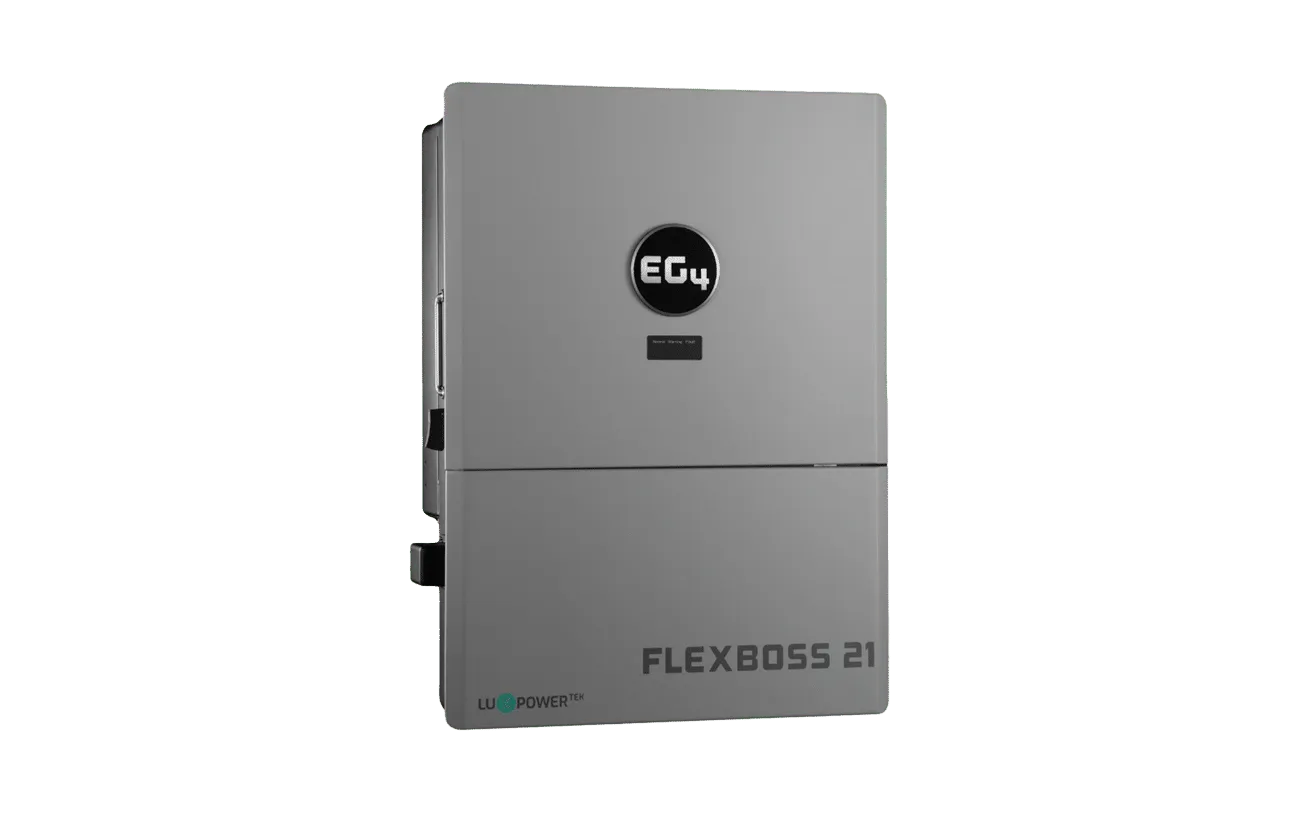 A gray EG4 FlexBoss 21 wall-mounted unit featuring the EG4 brand, with a black circular logo and display on the upper half, “FLEXBOSS 21” elegantly rendered in the sleek IBM Plex Sans font, and “LiPower” at the bottom right—showcasing a truly modern card design aesthetic.