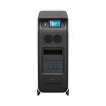 Front view of the Bluetti EP500 backup power station, showcasing a small color display, ventilation grills, covered outlets, and an input port—all within a sleek black and white rectangular casing with advanced LiFePO4 battery technology.