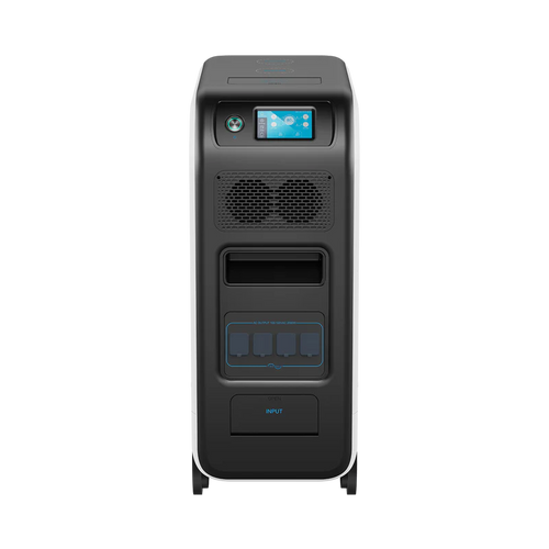 Front view of the Bluetti EP500 backup power station, showcasing a small color display, ventilation grills, covered outlets, and an input port—all within a sleek black and white rectangular casing with advanced LiFePO4 battery technology.