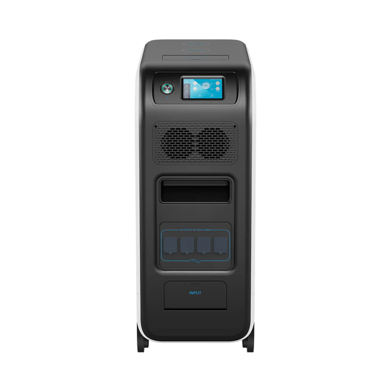 Front view of the Bluetti EP500 backup power station, showcasing a small color display, ventilation grills, covered outlets, and an input port—all within a sleek black and white rectangular casing with advanced LiFePO4 battery technology.