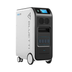 The Bluetti EP500 backup power station combines a LiFePO4 battery, wheels, digital display, front panel vents and outlets in a functional black and white design.