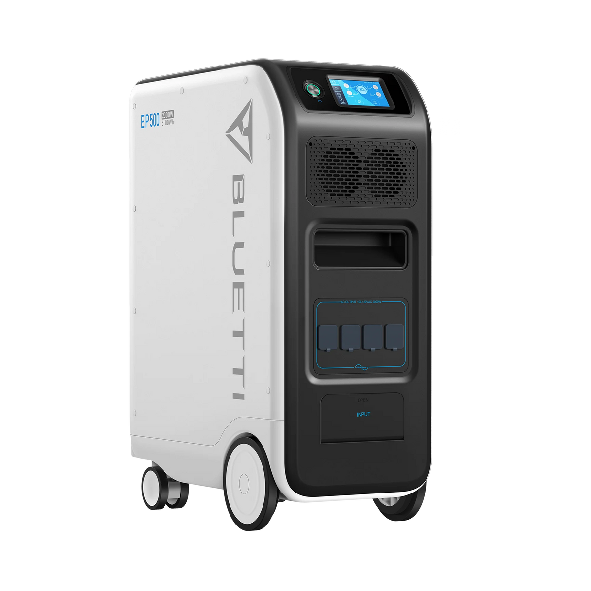 The Bluetti EP500 backup power station combines a LiFePO4 battery, wheels, digital display, front panel vents and outlets in a functional black and white design.