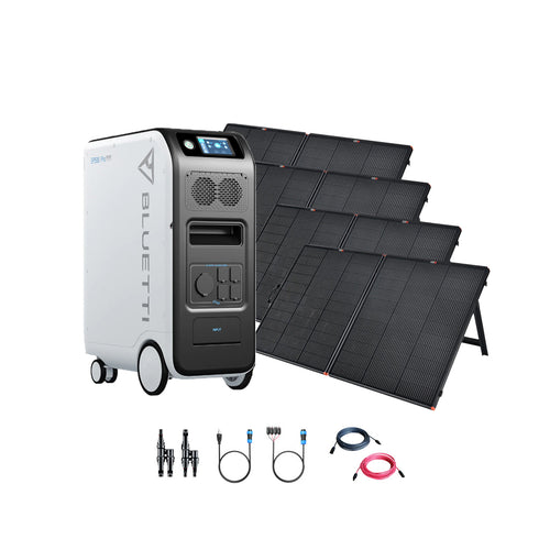 A Bluetti EP500 Pro portable power station with digital display, large black solar panels, and connecting cables is shown on a white background. It features a 3,000W pure sine wave inverter.