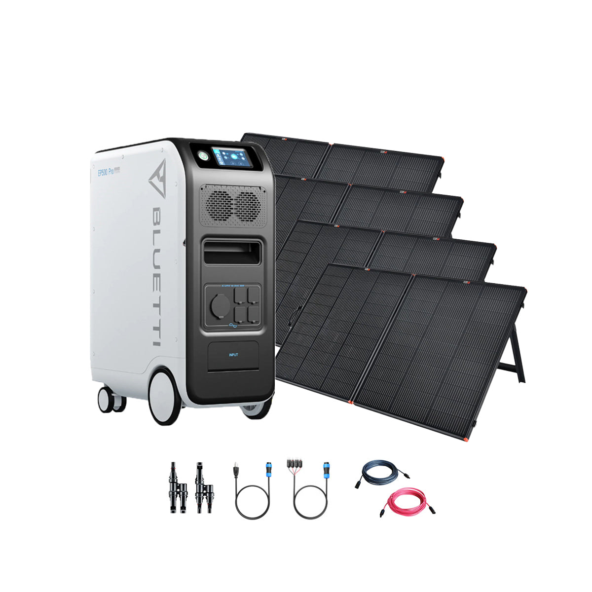 A Bluetti EP500 Pro portable power station with digital display, large black solar panels, and connecting cables is shown on a white background. It features a 3,000W pure sine wave inverter.