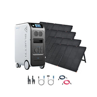 A Bluetti EP500 Pro portable power station with digital display, large black solar panels, and connecting cables is shown on a white background. It features a 3,000W pure sine wave inverter.