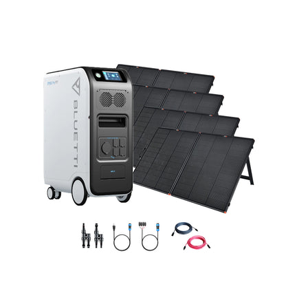 A Bluetti EP500 Pro portable power station with digital display, large black solar panels, and connecting cables is shown on a white background. It features a 3,000W pure sine wave inverter.