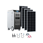 A Bluetti portable EP500 Pro power station with a digital display, 100Wh LiFePO4 battery, four large solar panels, and various cables and adapters arranged on a white background.