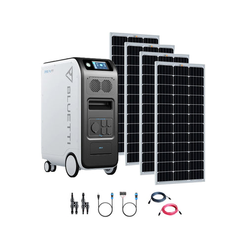 A Bluetti portable EP500 Pro power station with a digital display, 100Wh LiFePO4 battery, four large solar panels, and various cables and adapters arranged on a white background.