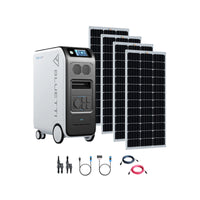 A Bluetti portable EP500 Pro power station with a digital display, 100Wh LiFePO4 battery, four large solar panels, and various cables and adapters arranged on a white background.