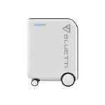 A sleek, white Bluetti EP500 backup power station with a durable LiFePO4 battery and two bottom wheels for easy mobility, featuring the Bluetti brand name on its side.