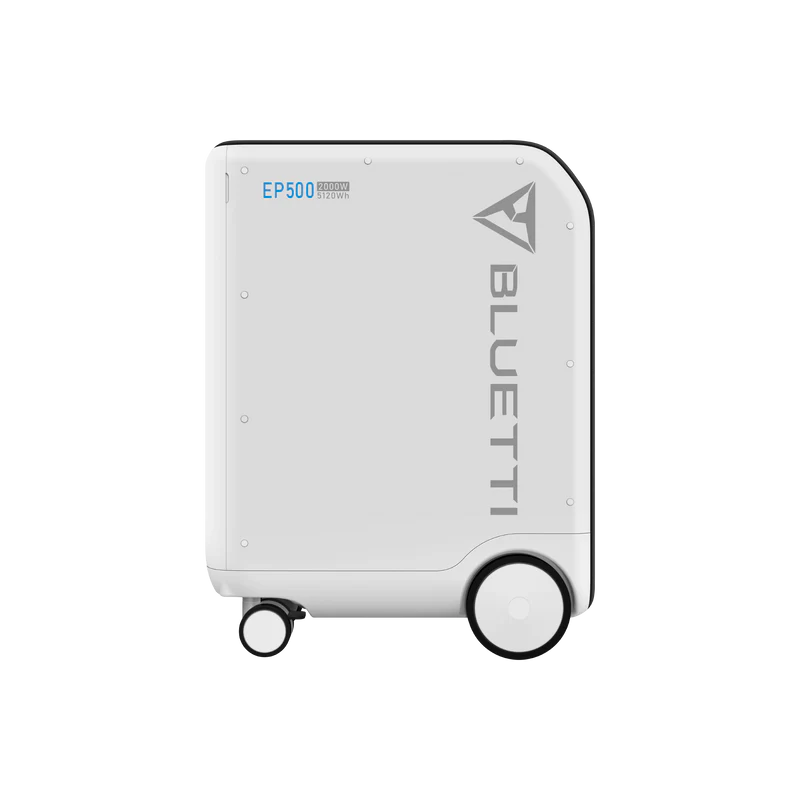 A sleek, white Bluetti EP500 backup power station with a durable LiFePO4 battery and two bottom wheels for easy mobility, featuring the Bluetti brand name on its side.