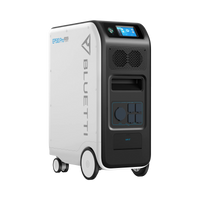 A white and black Bluetti EP500 Pro backup power station features wheels, a handle, various power outlets, and a digital display screen on the upper front panel.