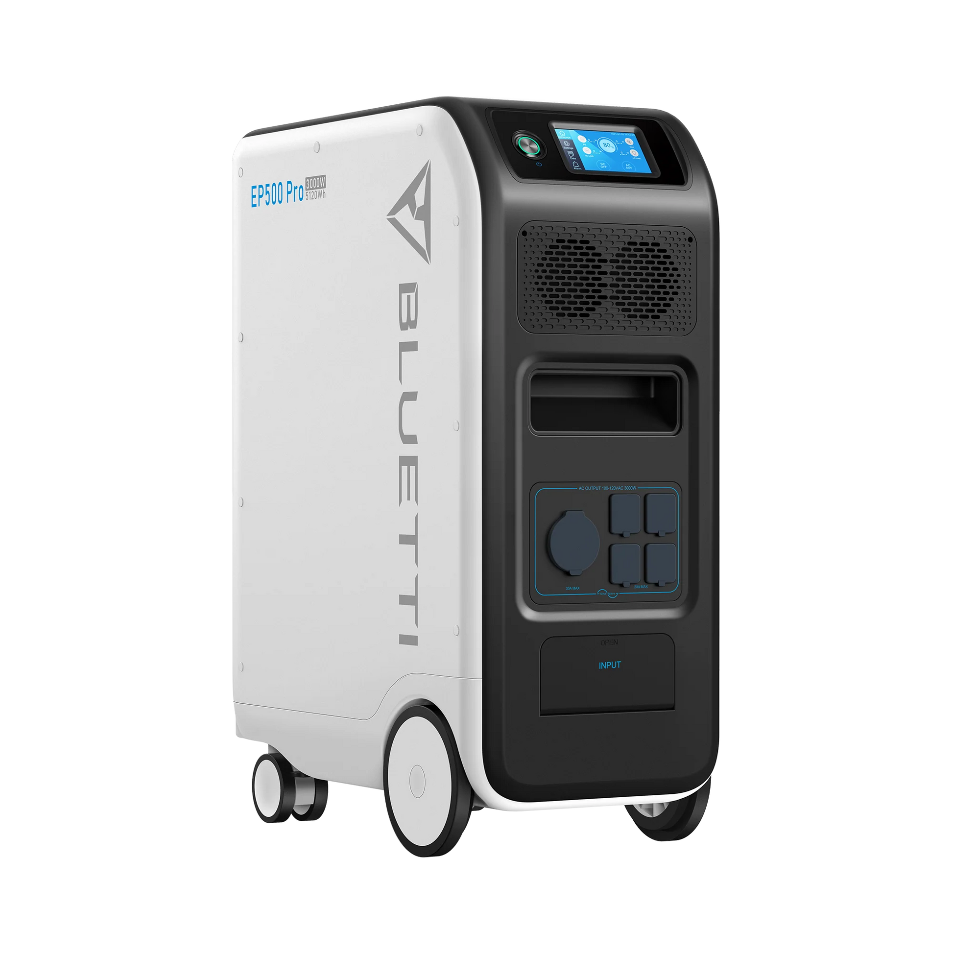 The Bluetti EP500 Pro portable power station, seen from the front left, boasts wheels, a digital display, cooling vents, input ports, a 5,000W pure sine wave inverter, and a 100Wh LiFePO4 battery in a sleek white and black design.
