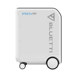 A white Bluetti EP500 Pro backup power station with rounded edges, dual large wheels, and a handle. The side displays the Bluetti brand and model info. It offers a strong 5100Wh battery for dependable portable energy.
