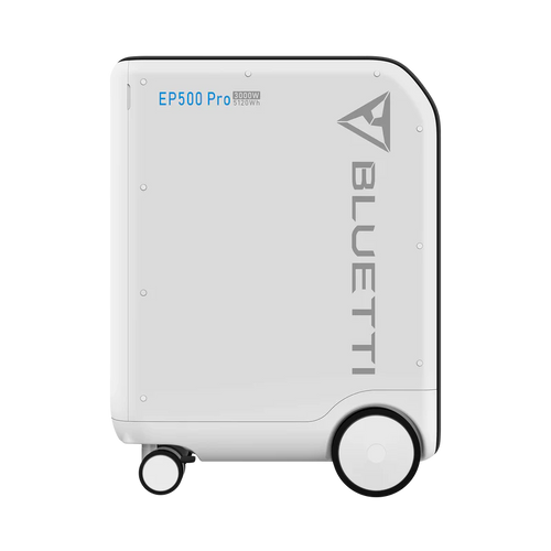 A white Bluetti EP500 Pro backup power station with rounded edges, dual large wheels, and a handle. The side displays the Bluetti brand and model info. It offers a strong 5100Wh battery for dependable portable energy.