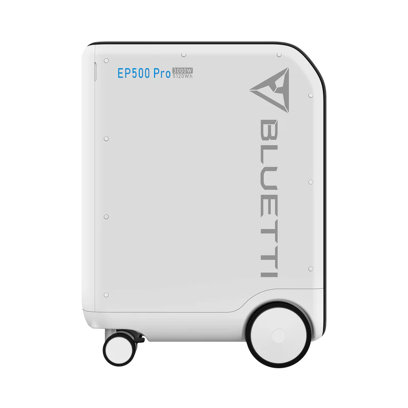 A white Bluetti EP500 Pro backup power station with rounded edges, dual large wheels, and a handle. The side displays the Bluetti brand and model info. It offers a strong 5100Wh battery for dependable portable energy.