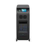 Front view of a Bluetti black and gray backup power station with a pure sine wave inverter, multiple input/output ports, a top display screen, central ventilation grilles, and the word INPUT near the bottom port.