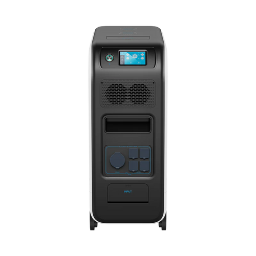 Front view of a Bluetti black and gray backup power station with a pure sine wave inverter, multiple input/output ports, a top display screen, central ventilation grilles, and the word INPUT near the bottom port.