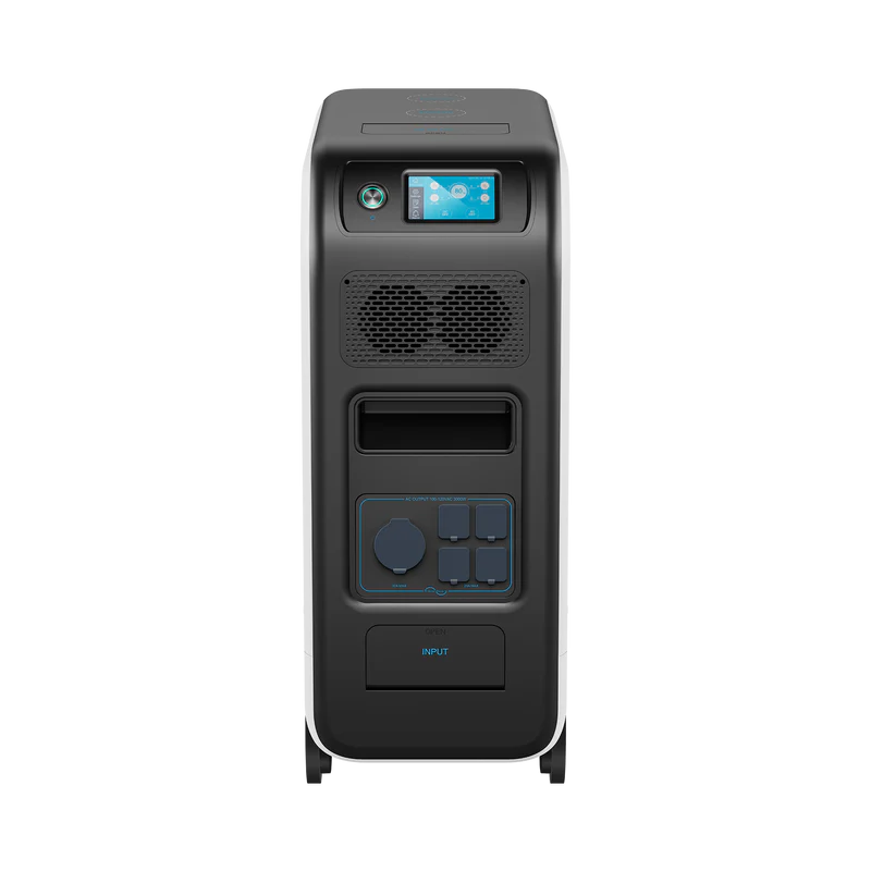 Front view of a Bluetti black and gray backup power station with a pure sine wave inverter, multiple input/output ports, a top display screen, central ventilation grilles, and the word INPUT near the bottom port.
