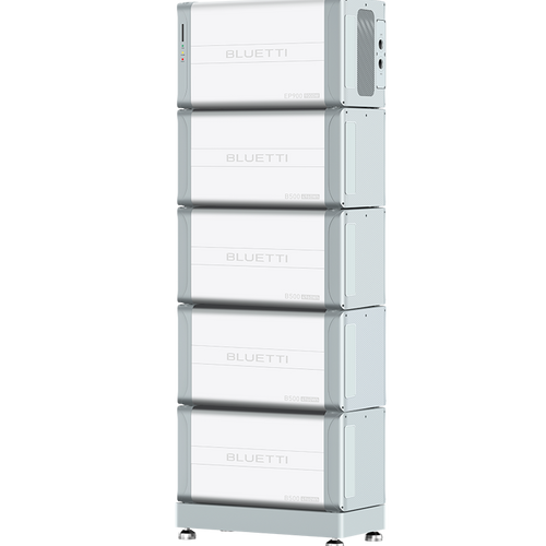 The Bluetti tall, rectangular battery storage system features five stacked modules in silver and white, with side ports and indicators—perfect for solar energy storage—and stands on small legs against a white background.