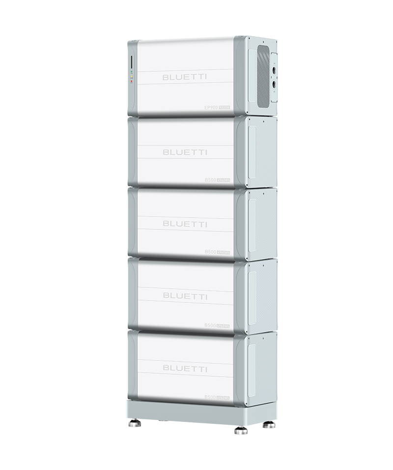 The Bluetti tall, rectangular battery storage system features five stacked modules in silver and white, with side ports and indicators—perfect for solar energy storage—and stands on small legs against a white background.