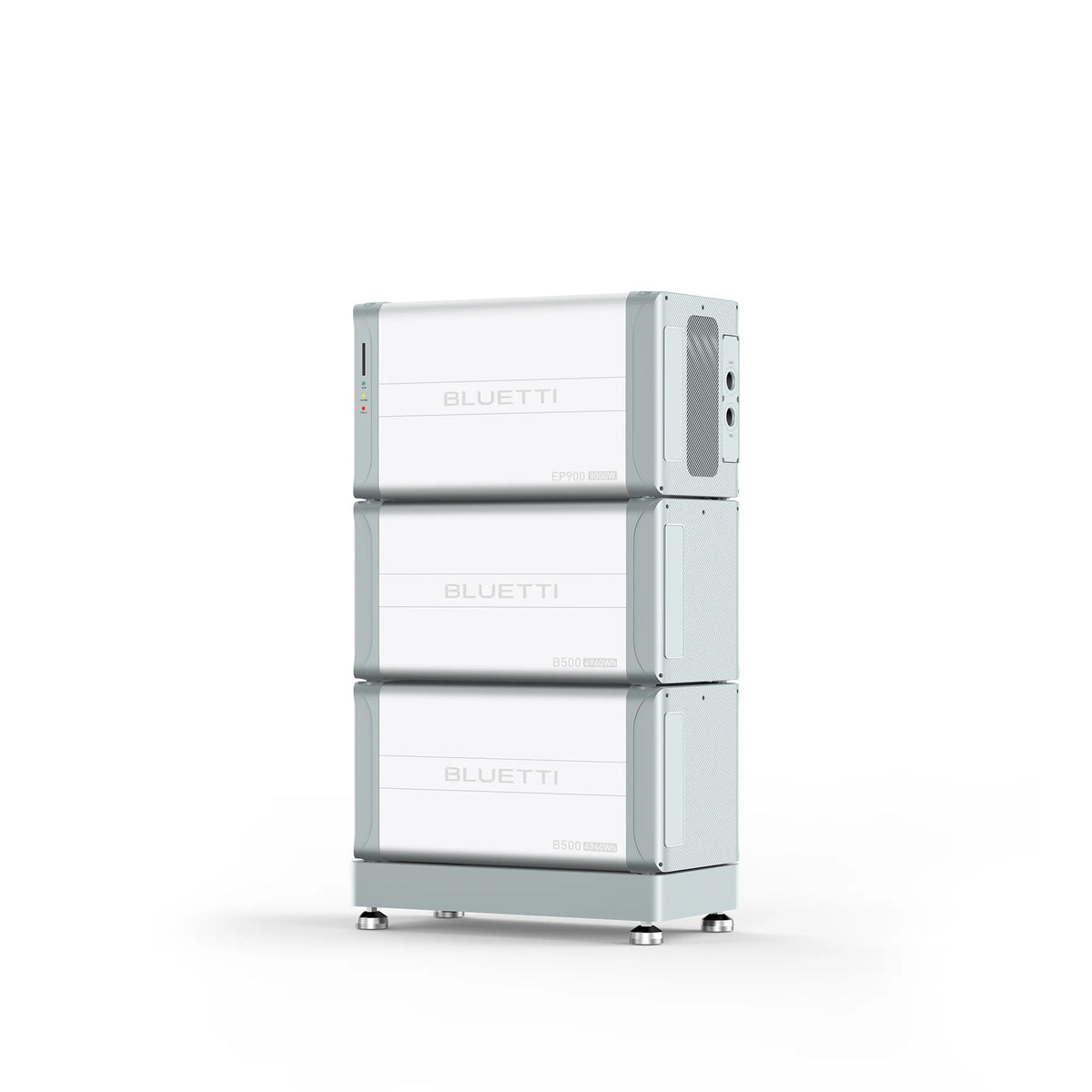 A Bluetti white and gray rectangular solar energy storage unit with three stackable segments and side control buttons stands on four small legs against a plain white background.