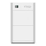 A tall, rectangular white device labeled 48V Ethos Powered by Griden from BigBattery, featuring a small display screen on the upper left and designed for home power storage, is set against a green background.