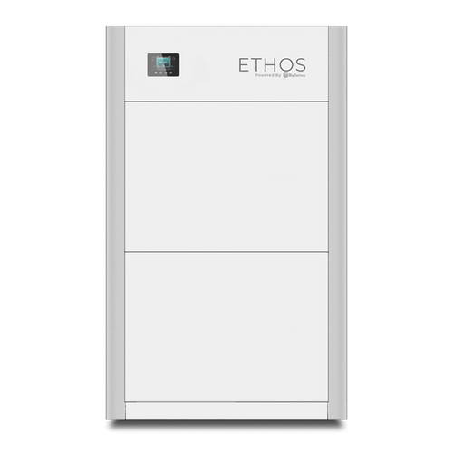 A tall, rectangular white device labeled 48V Ethos Powered by Griden from BigBattery, featuring a small display screen on the upper left and designed for home power storage, is set against a green background.