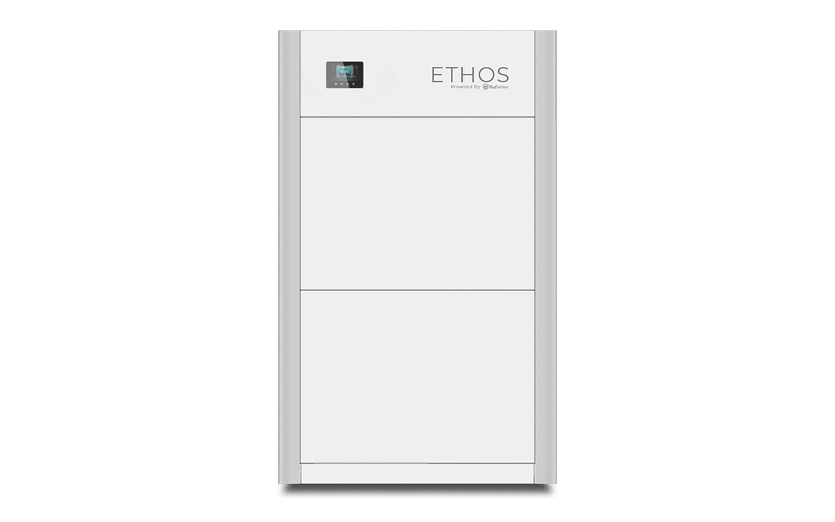 A tall, rectangular white device labeled 48V Ethos Powered by Griden from BigBattery, featuring a small display screen on the upper left and designed for home power storage, is set against a green background.