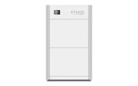 A tall, rectangular white device labeled 48V Ethos Powered by Griden from BigBattery, featuring a small display screen on the upper left and designed for home power storage, is set against a green background.