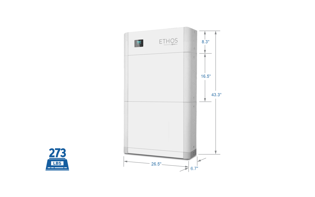 A white rectangular BigBattery 48V ETHOS home power storage unit, 8.3 deep, 16.5 wide (43.3 tall, base width: 26.5), weighs 273 lbs and features a Battery Management System.
