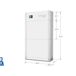 A white BigBattery 48V Ethos energy storage system stands upright with labeled dimensions—height 43.3, width 26.5, depth 8.7—and a small top left screen, weighing 273 lbs, ideal for home power storage.