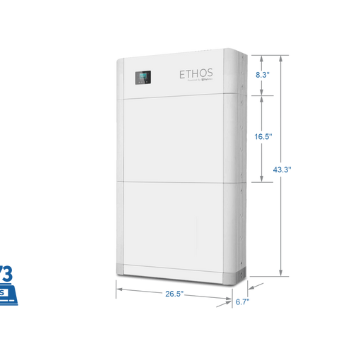 A white BigBattery 48V Ethos energy storage system stands upright with labeled dimensions—height 43.3, width 26.5, depth 8.7—and a small top left screen, weighing 273 lbs, ideal for home power storage.