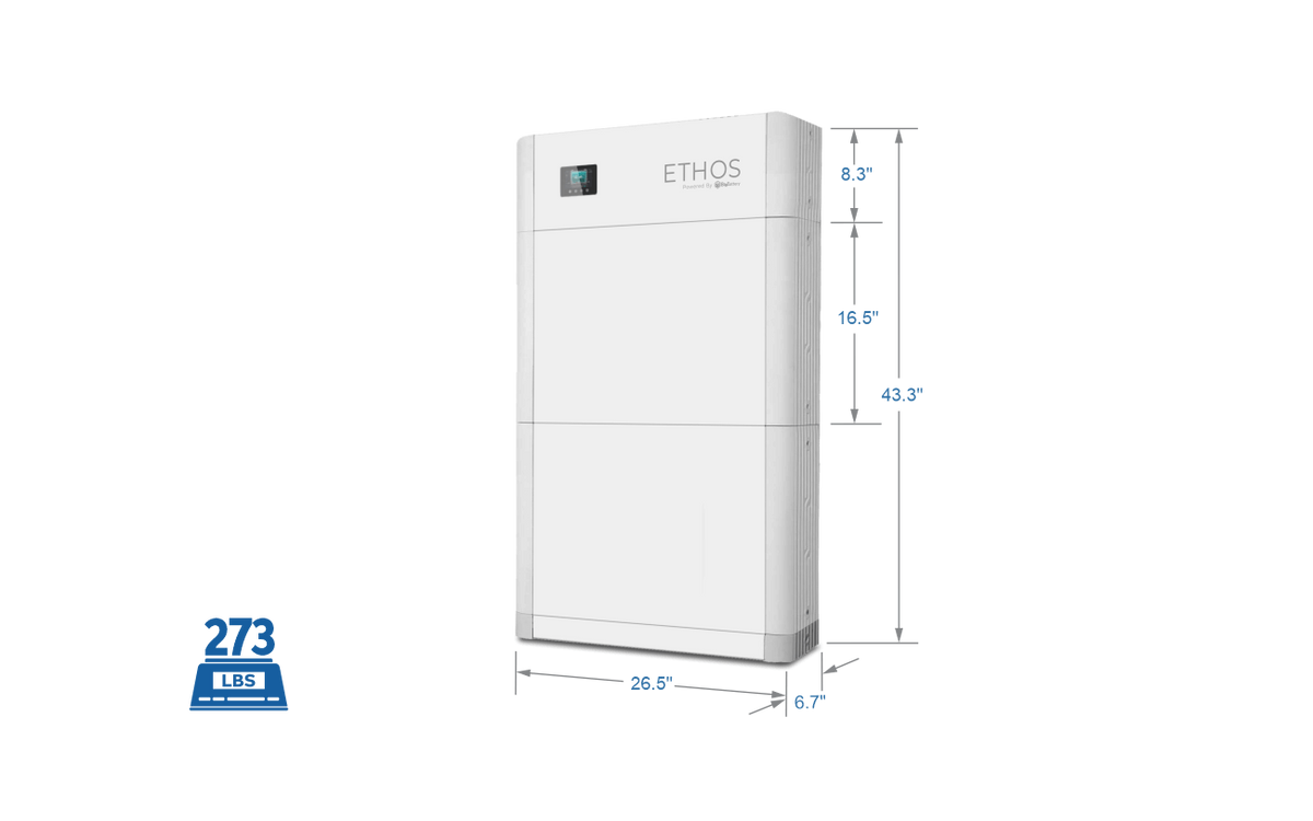A white BigBattery 48V Ethos energy storage system stands upright with labeled dimensions—height 43.3, width 26.5, depth 6.7—and a small top left screen, weighing 273 lbs, ideal for home power storage.