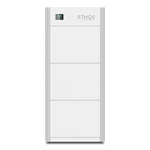 A tall, rectangular white home power storage unit from BigBattery labeled ETHOS Energy Storage features a small digital display at the top left and smooth panel divisions for a sleek, modular design.