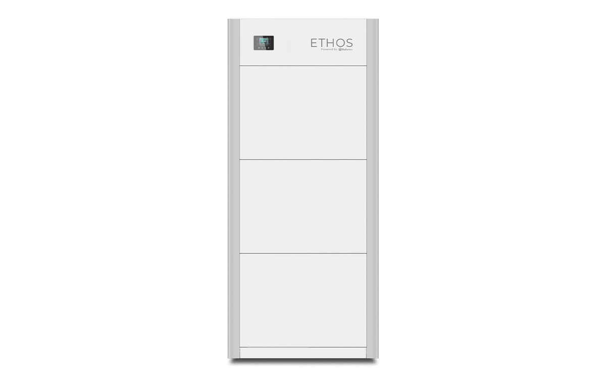 A tall, rectangular white home power storage unit from BigBattery labeled ETHOS Energy Storage features a small digital display at the top left and smooth panel divisions for a sleek, modular design.