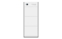 A tall, rectangular white home power storage unit from BigBattery labeled ETHOS Energy Storage features a small digital display at the top left and smooth panel divisions for a sleek, modular design.