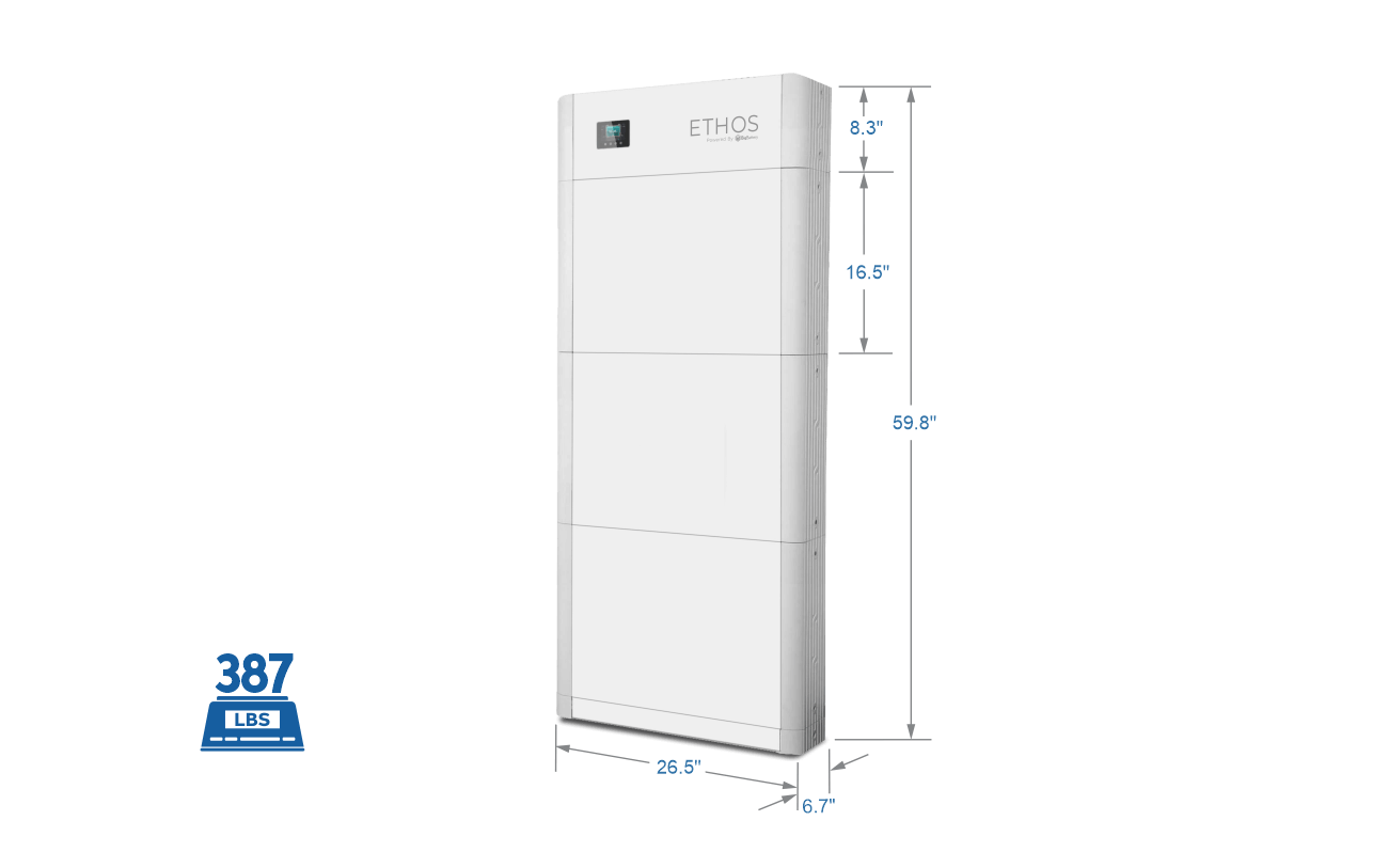A tall, white rectangular BigBattery 48V ETHOS unit labeled “ETHOS” with a small screen for home power storage. Measures 69.9H x 26.5W x 11.5D, weighs 387 lbs, and features an advanced Battery Management System.
