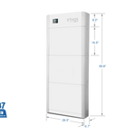 A tall, white BigBattery 48V Ethos home power storage unit with digital display. It measures 69.9 H x 26.5 W x 16.8 D, weighs 387 lbs, and features a modular design for easy expansion.