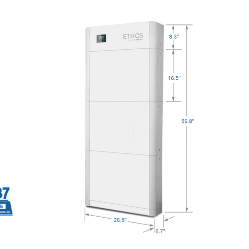 A tall, white BigBattery 48V Ethos home power storage unit with digital display. It measures 69.9 H x 26.5 W x 16.8 D, weighs 387 lbs, and features a modular design for easy expansion.