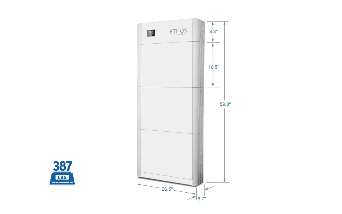 A tall, white BigBattery 48V Ethos home power storage unit with digital display. It measures 69.9 H x 26.5 W x 16.8 D, weighs 387 lbs, and features a modular design for easy expansion.