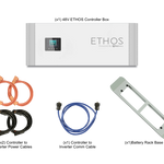 A white 48V BigBattery energy storage unit with a touchscreen, four round cables (two orange, two black), a blue cable, and a metal mounting bracket—ideal for home power storage—is shown on a white background.