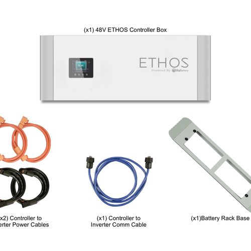 A white 48V BigBattery energy storage unit with a touchscreen, four round cables (two orange, two black), a blue cable, and a metal mounting bracket—ideal for home power storage—is shown on a white background.