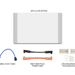 A rectangular 48V BigBattery pack with silver sides is shown above several accessories: a blue grounding wire, two black and orange power cables, two silver mounting brackets, and a set of screws and wall plugs for home power storage.