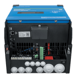 The Victron EasySolar-II blue and black power inverter features multiple back panel ports, including USB, terminal blocks, and cable entries for seamless MPPT solar charge controller integration.